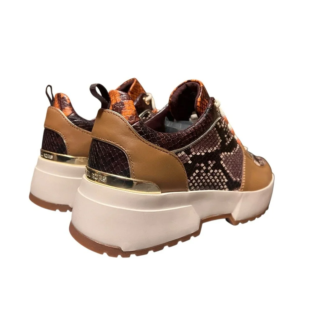 NWB Michael Kors Cosmo Woman's Sneakers Animal Snake Print Brown Gold Tan Sz‎ 9